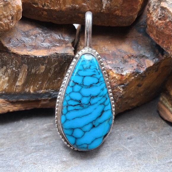 other Jewelry - Native American Blue Spiderweb Turquoise Pendant Signed Vintage Sterling Silver